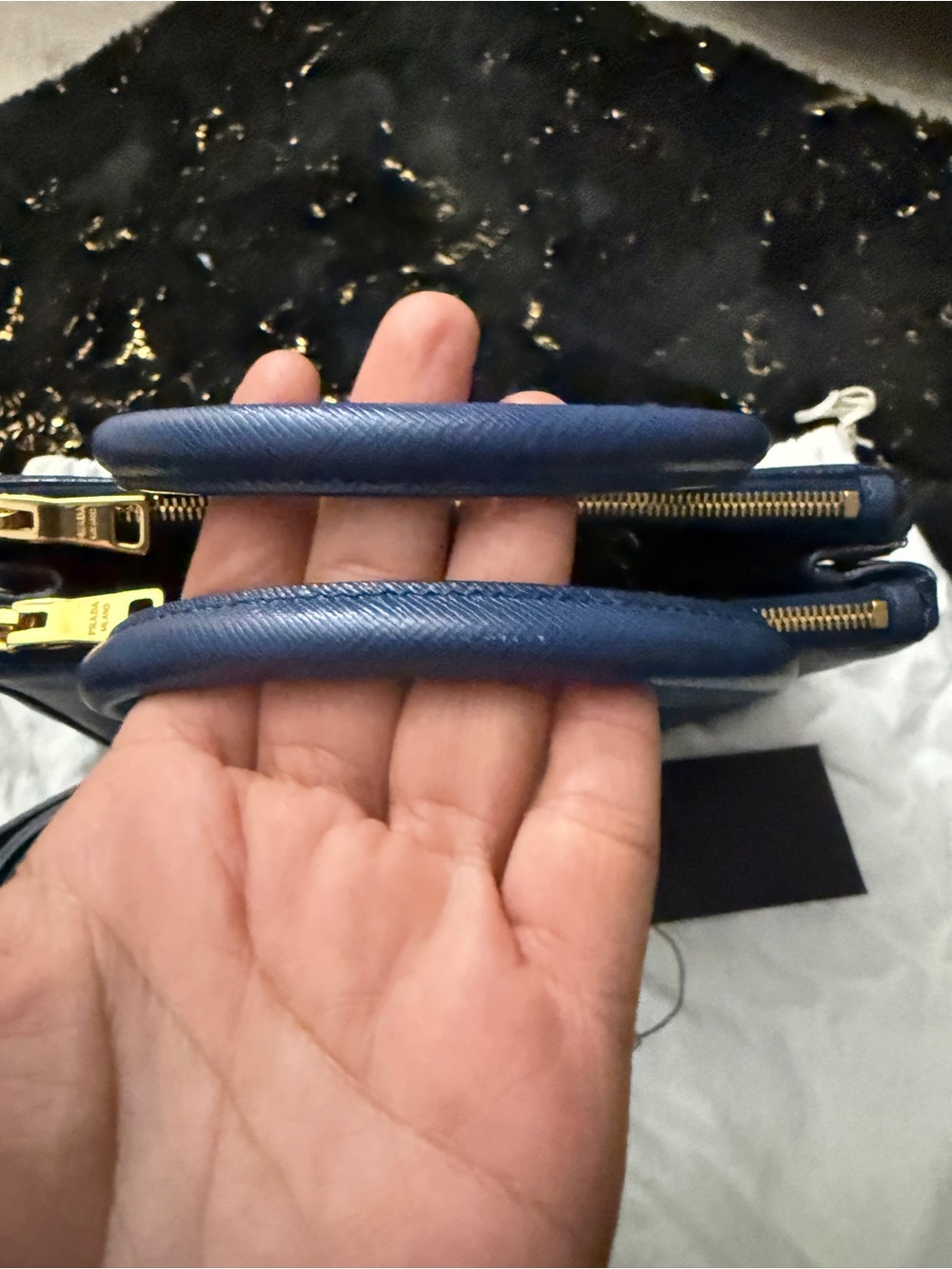 Prada Navy Saffiano Leather Double-Handle Satchel with Gold Hardware - Picture 4 of 16